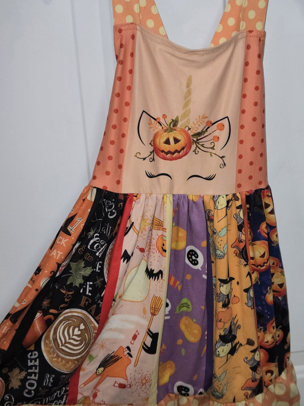Girls Halloween Pumpkin Unicorn Patchwork Dress - Orange